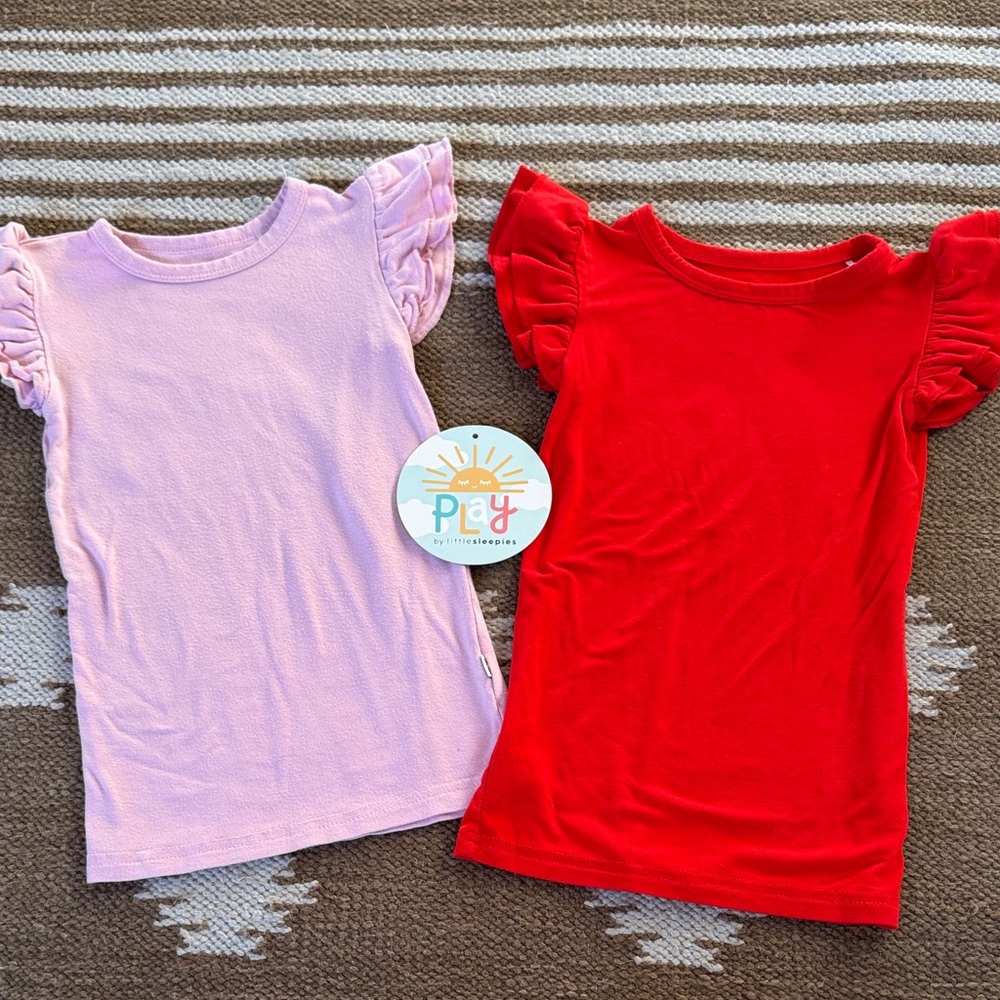 Little Sleepies Ruffle Sleeve Tees - Light Pink and Bright Red